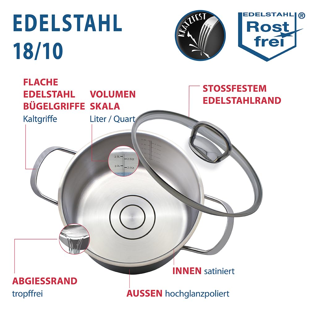 ELO Topfset Jaspis 5-teilig, Edelstahl 18/10 - Induktion, Literskala | Volumenskala, Öl-Dosiersystem, spülmaschinengeeignet, backofenfest, Geschweißte Edelstahlgriffe