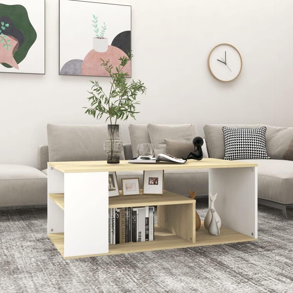 vidaXL Coffee Table, End Table with Storage, Accent Sofa Table for Living Room, Scandinavian Style, White and Sonoma Oak Engineered Wood