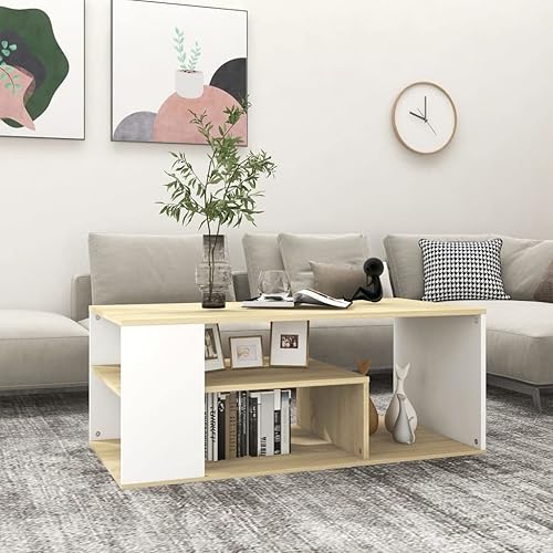 Mesa de centro central, mesa central rústica de granja, adecuada para sala de estar, oficina, balcón, estudio blanco y roble Sonoma de 39.4 x 19.7 x