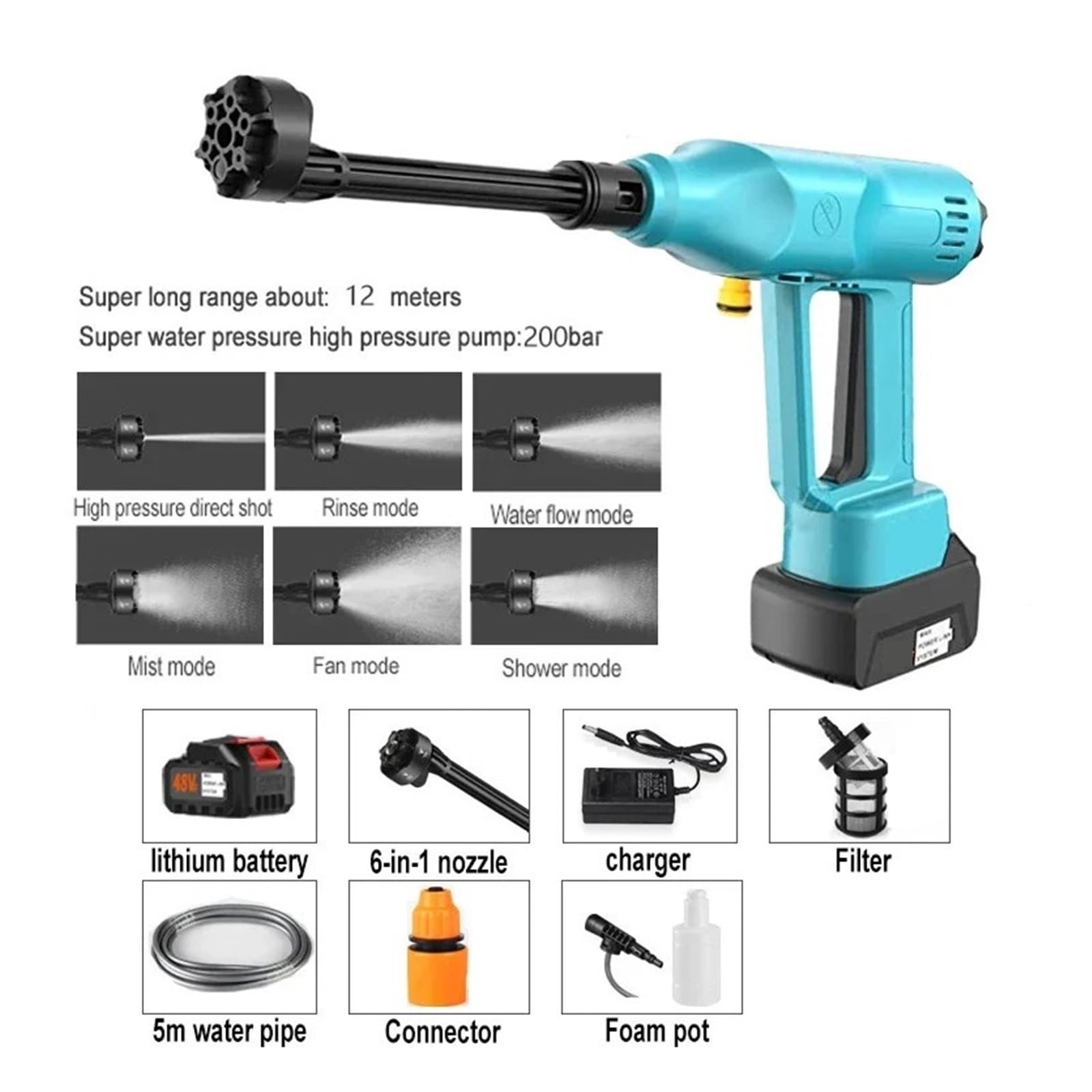 Lavadora De Coches Eléctrica 200Bar, Pistola Agua Lavado Alta Presión, Motor Sin Escobillas, Limpiador Inalámbrico, Boquilla Ajustable Potente Chorro A PresióN