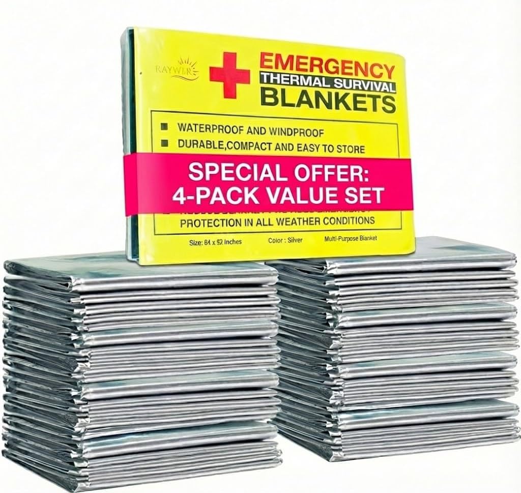 Rawyer Emergency Thermal Survival Blankets (4 Pack), Mylar Blankets for Outdoor, Camping, Hiking, Harsh Weather, Large Silver Thermal Sheets, Heavy Duty Survival Gear (4 pcs, Size 84x52)
