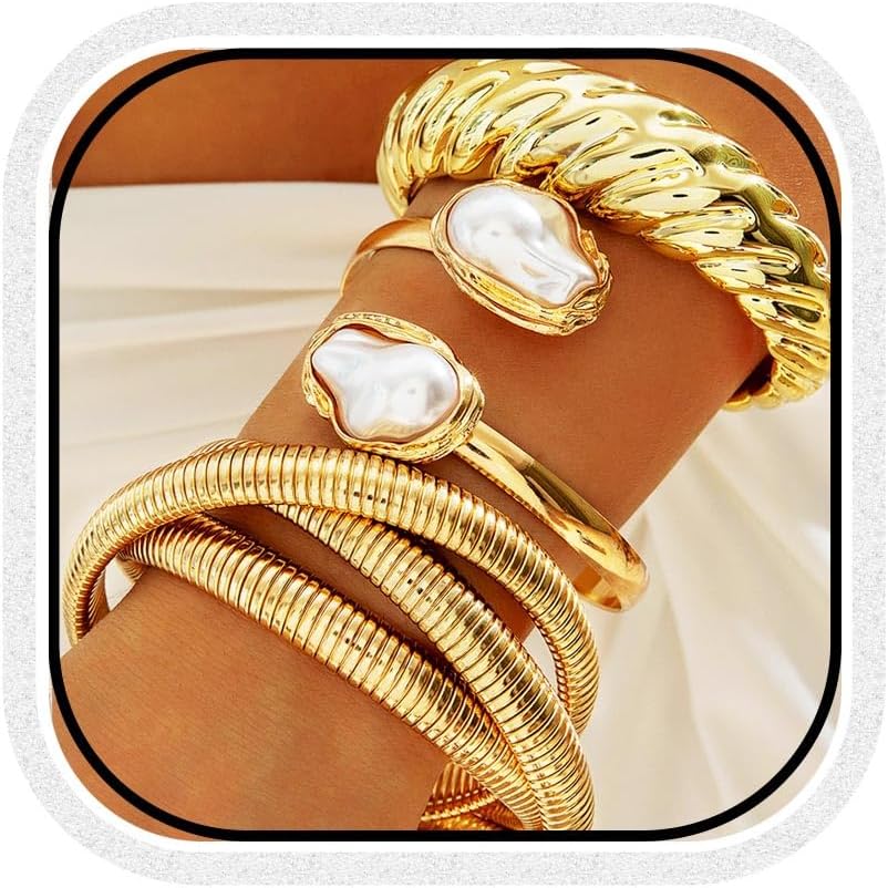 GORTIN Chunky Gold Bangle Bracelets for Women Big Pearl Cuff Bracelets Set Trendy Stackable Bracelet Jewelry Accessories for Women