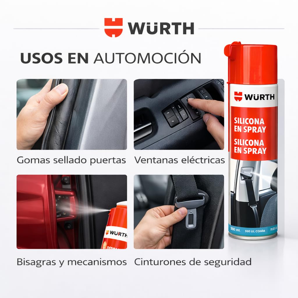 Würth Spray silicone 500 ml Protège, nourrit et isole durablement avec un bon effet de glissement, les pièces en plastique, en caoutchouc et en métal à l'intérieur et à l'extérieur du véhicule.