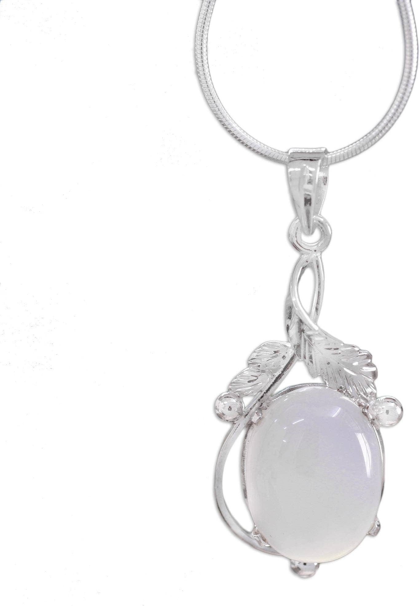 NOVICA Artisan Handmade Chalcedony Pendant Necklace Sterling Silver Artisan Jewelry Rhodium Plated White India Leaf Tree Good Fortune [15.75 in L Pendant(s) 1.4 in L x 0.6 in W] ' Moon Goddess