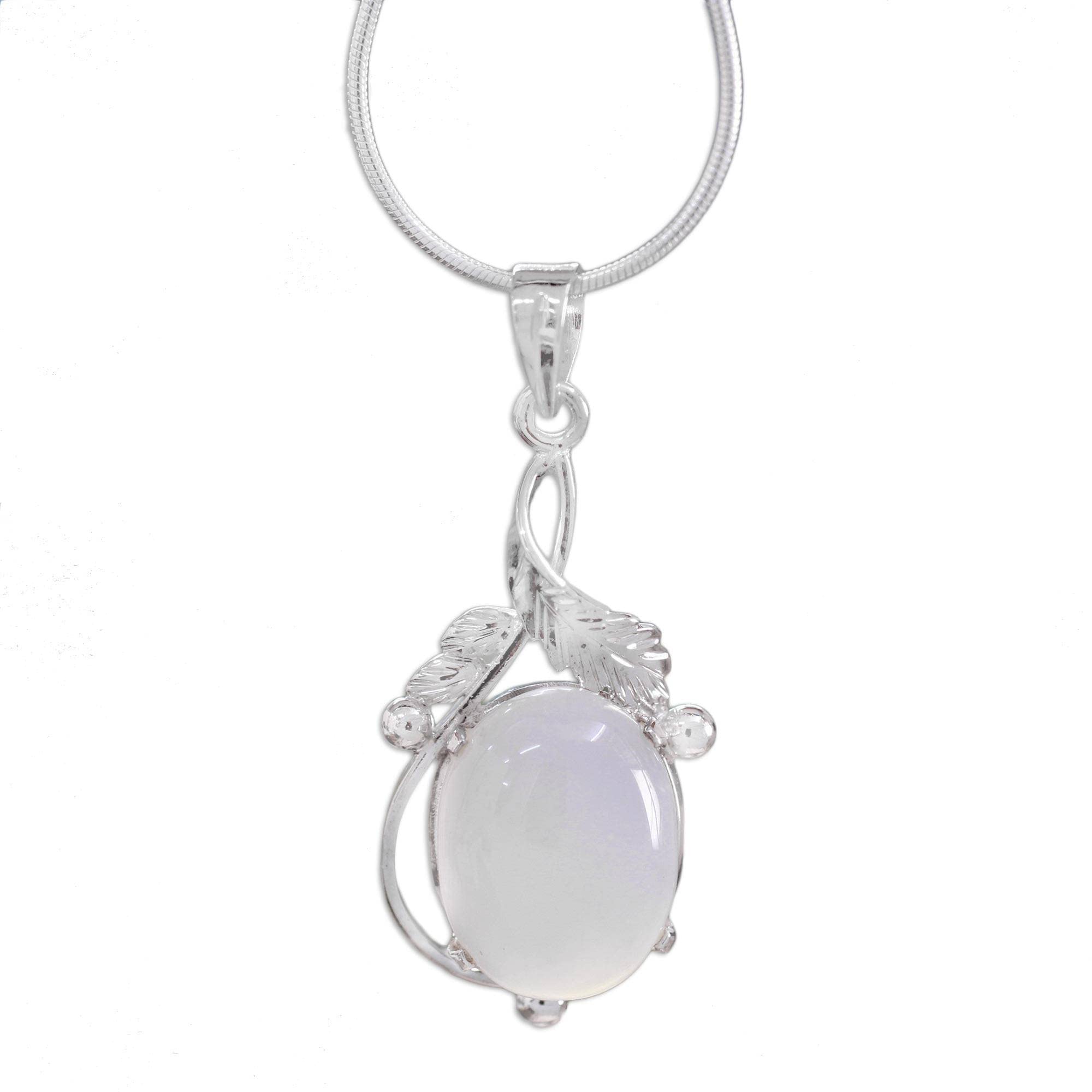 NOVICA Artisan Handmade Chalcedony Pendant Necklace Sterling Silver Artisan Jewelry Rhodium Plated White India Leaf Tree Good Fortune [15.75 in L Pendant(s) 1.4 in L x 0.6 in W] ' Moon Goddess