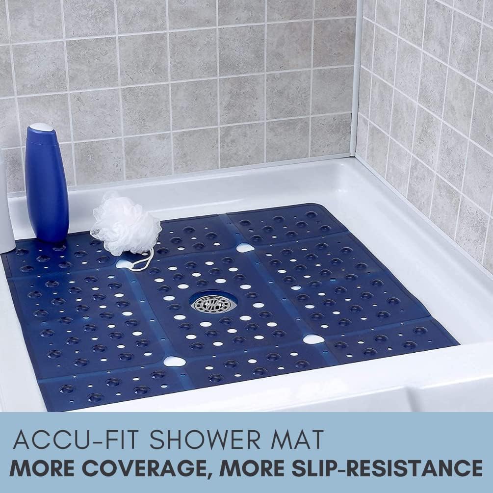 SlipX Solutions Extra Large Square Shower Mat 27 x 27, Non-Slip Stall Mat for Elderly & Kids Bathroom (Drain Holes, Strong Suction Cups, Machine Washable) (Translucent Navy, 1)