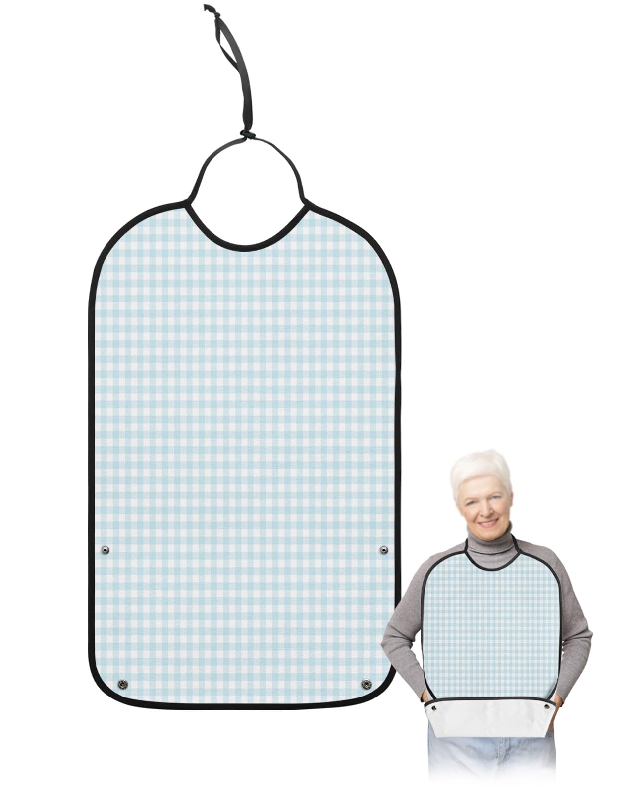 LEOKOTI Aqua Teal White Plaid Adult Bibs for Eating, Waterproof Bibs with Food Catcher & Adjustable Snap Closure, Farmhouse Checkered Washable Clothing Protectors Adult Bibs for Elderly Women/Men