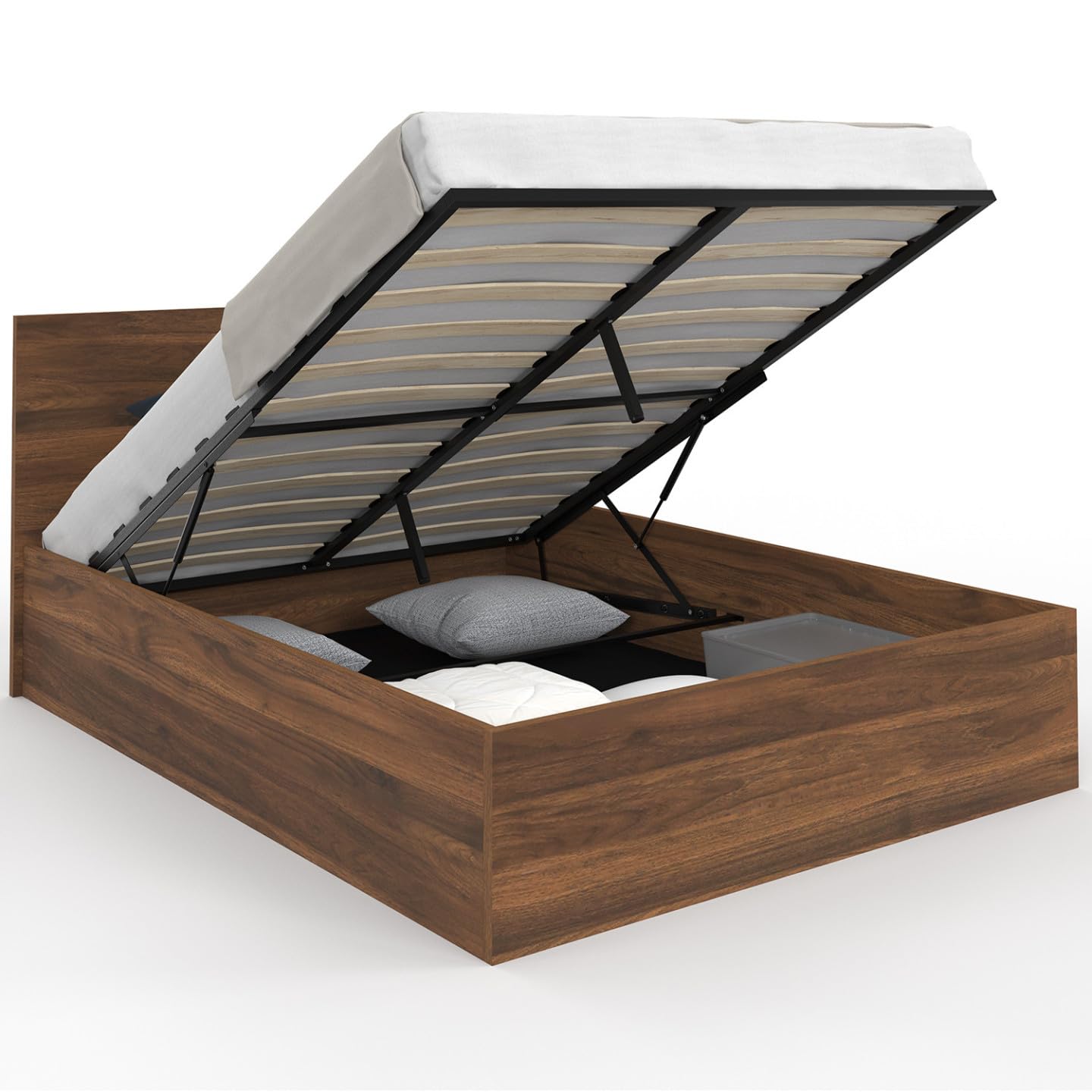 IDMarket - Lit Coffre Double Seaside 140 x 190 cm Effet Noyer