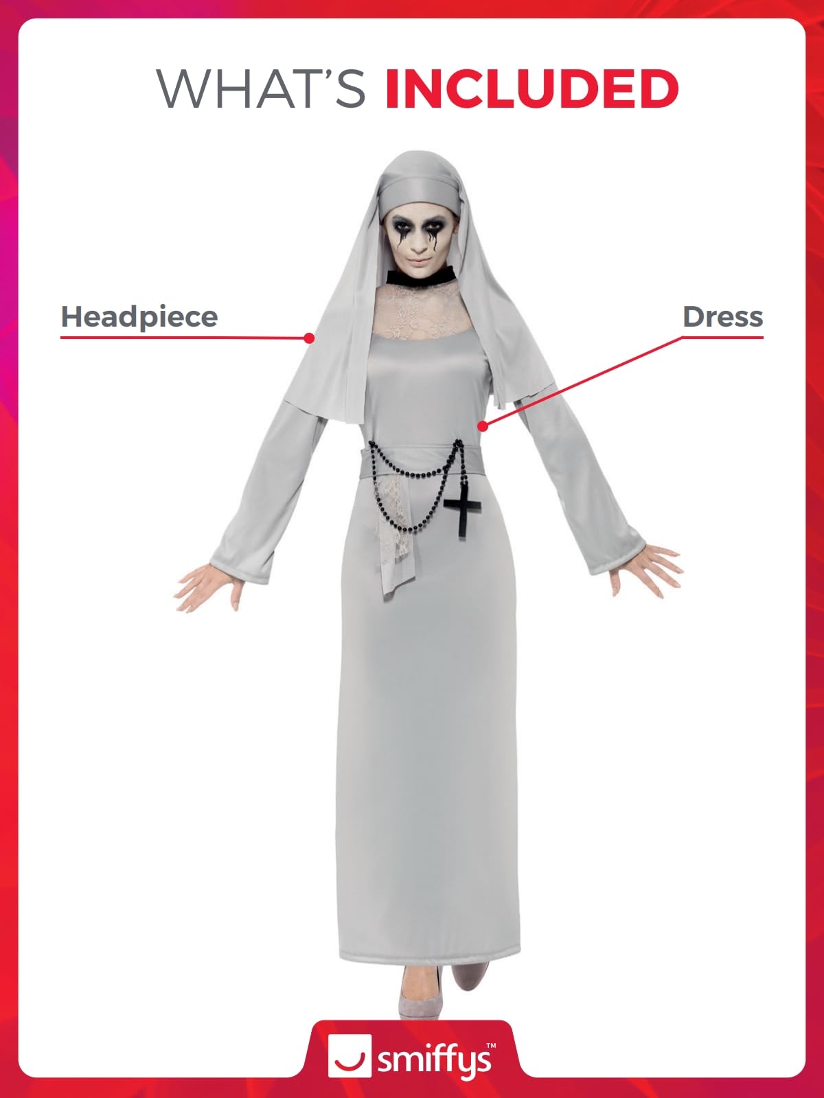 Smiffys Gothic Nun Costume, Grey with Dress & Headpiece, Halloween Adult Fancy Dress, Nun Dress Up Costumes
