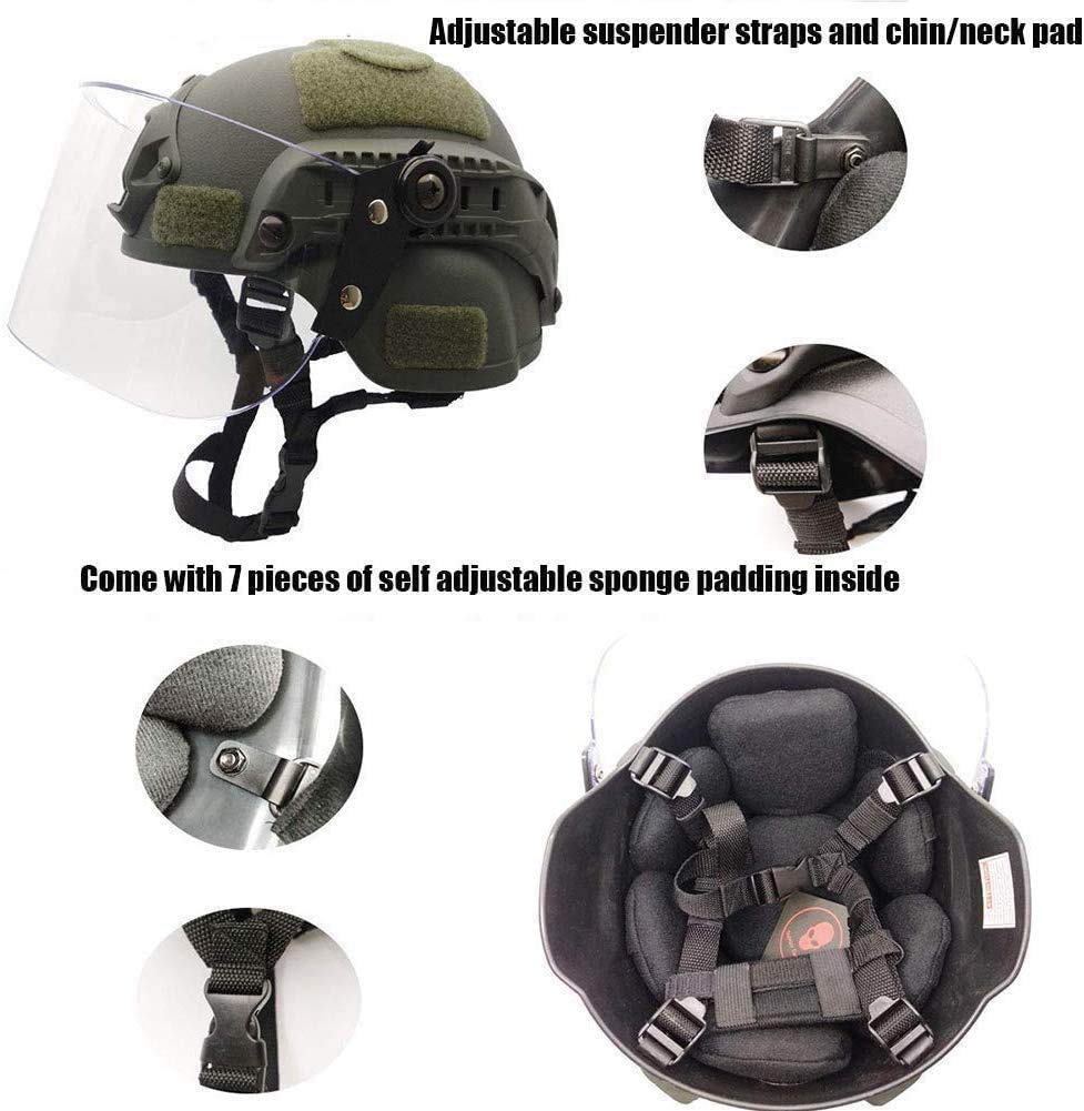 Taktischer Airsoft Mich 2000 ACH Helm,Mit Transparentem Visier NVG-Halter Und Seitenschienen für Airsoft Paintball CS Kriegsspiele im Freien