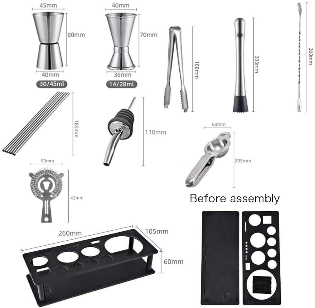 Kit de Barman, kit Cocktail de 17 pièces Ensemble de Barre d'acier Inoxydable avec Support, 25 oz Shaker Tins, Jigger, Cuillère, Verses, Muddler, Filtre, Pinces, Bouchons, ouvre-Bouts