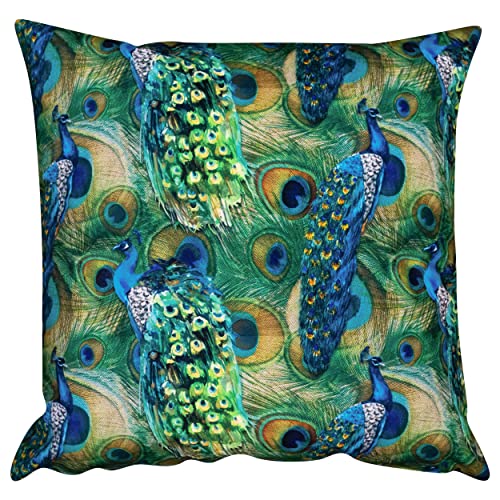 Image of Velvet Peacock Procession Extra-Large Cushion Cover. Bright Modern Blue & Green Peacock Feathers. Backed With A Soft Teal Velvet. 23x23" XL Square Cushion Cover Only