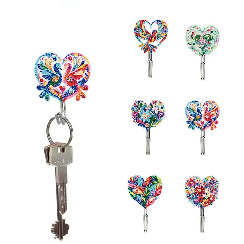 Fiorky 6Pcs Acrylic Animal Plants Rhinestone Painting Keychain Hanger Art Hooks for Beginners Adults