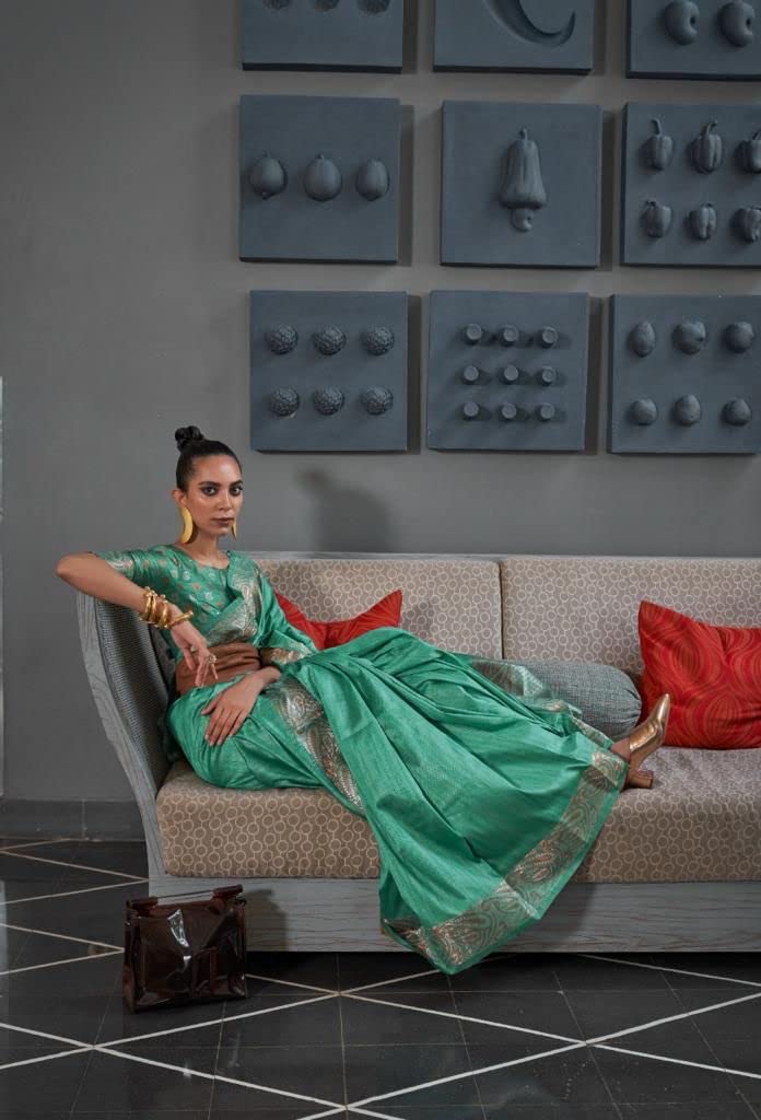Blusa sari de seda tejida con textura de mujer india 7345 (verde)