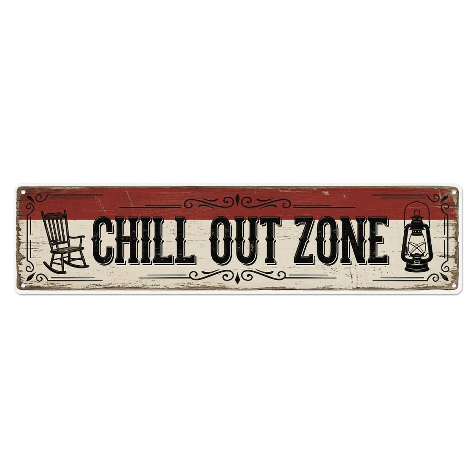 Chill Out Zone Worn Porch 1 Metal Tin Skinny Sign Plaque Wall Decor for Cafe, Club Bar, Office, Home Garden Metal Poster 4x16Inch