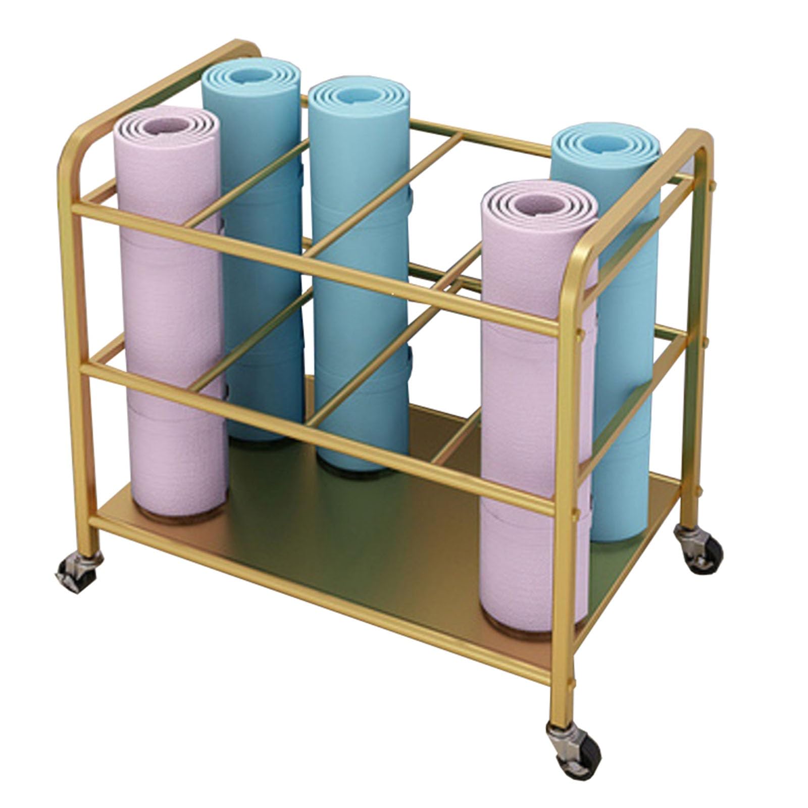 Soporte para esterilla de yoga con ruedas, estante de almacenamiento de metal para gimnasio en casa, organiza refuerzos, bloques de rodillos de espuma