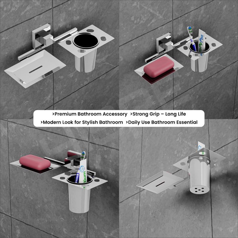 HISRE Square Shape Chrome Bathroom Accessory Set | Wall Mounted Soap Dish & Toothbrush Holder with Tumbler | Heavy Duty, Rust & Water Resistant Bathroom Organizer, photo 5 of 5