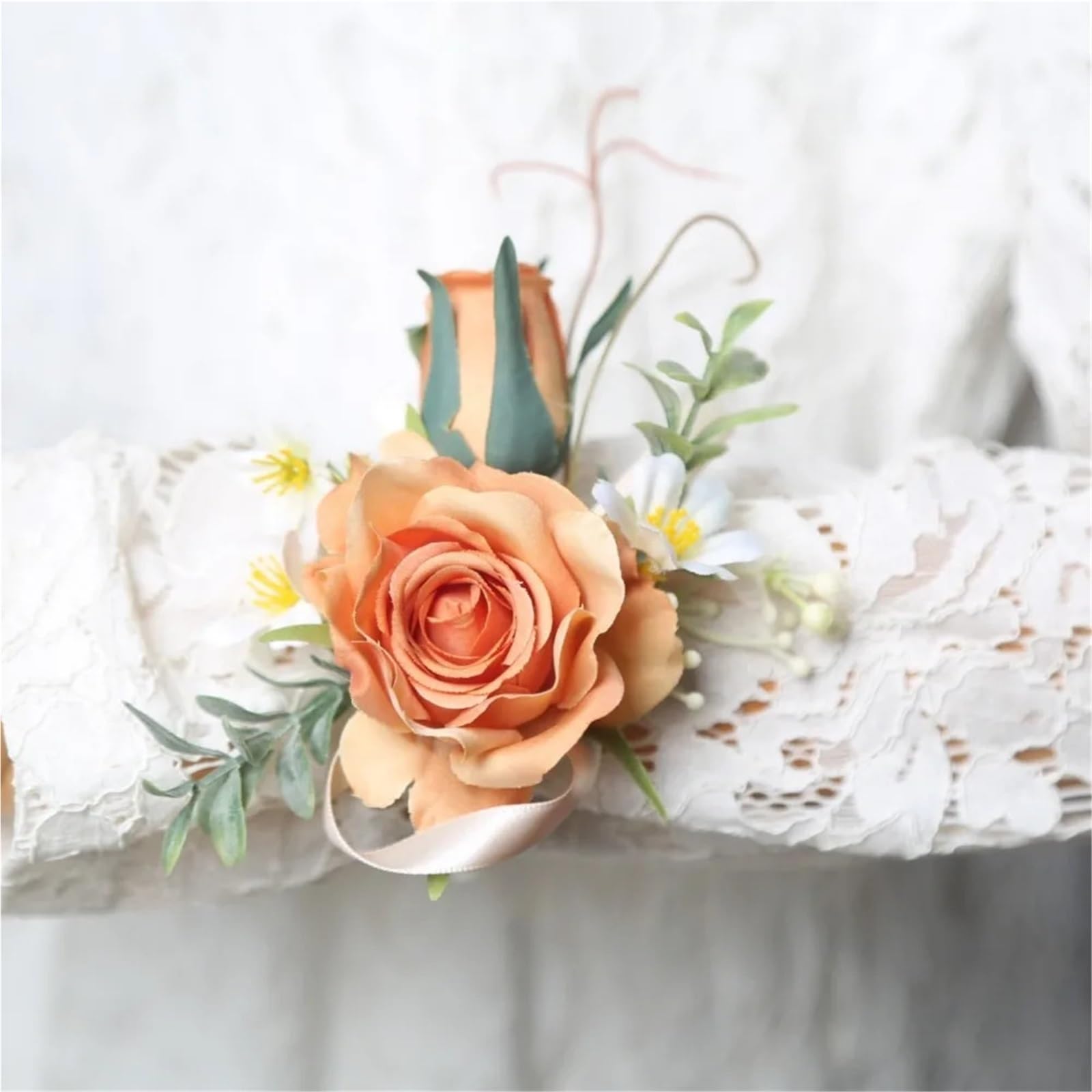 WTAXBH Corsages for Weddings Artifical Boutonnieres Flowers Rose Silk Wrist Corsage Bride Bridesmaid Handmade Groom's Chest Flower(Orange-wrist flower)