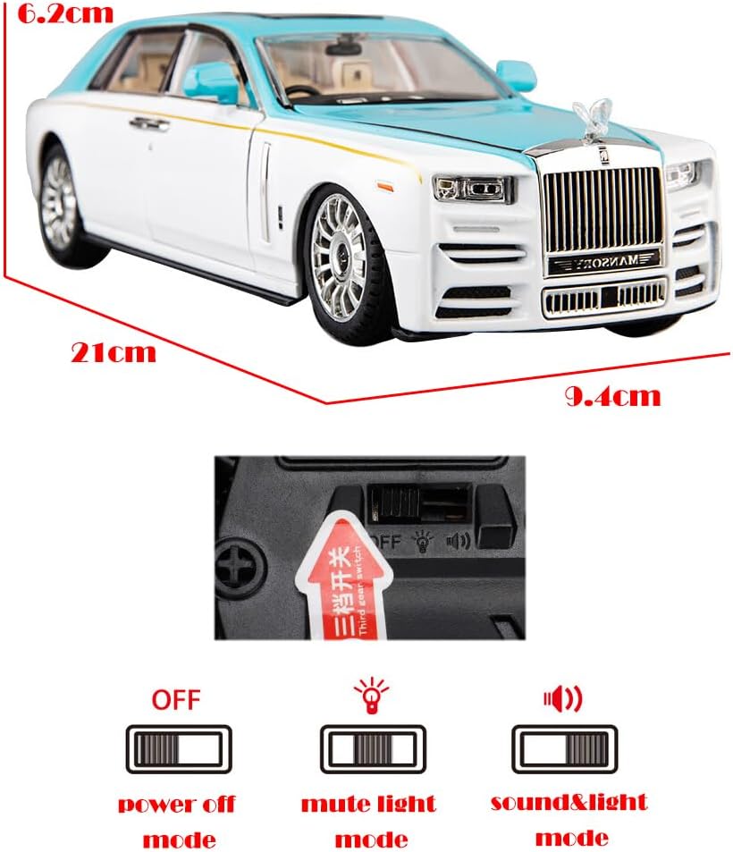 Toy Car Rolls-Royce 1/24 Blue Phantom Alloy Collectibles Diecast Vehicles Model with Sound and Light