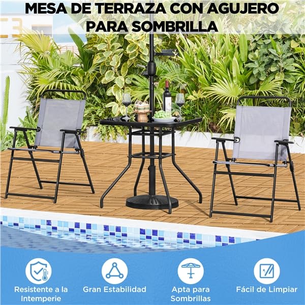 Yaheetech Mesa de Jardín Mesa Auxiliar de Cristal y Metálica Mesa de Balcón con Orificio para Sombrilla para Terraza, Jardín o Balcón 70 cm×70 cm Negro | Orificio de Sombrilla 4,2cm, Marco Metal Mate, Tablero de Vidrio Negro Serigrafiado, Capacidad 45kg,