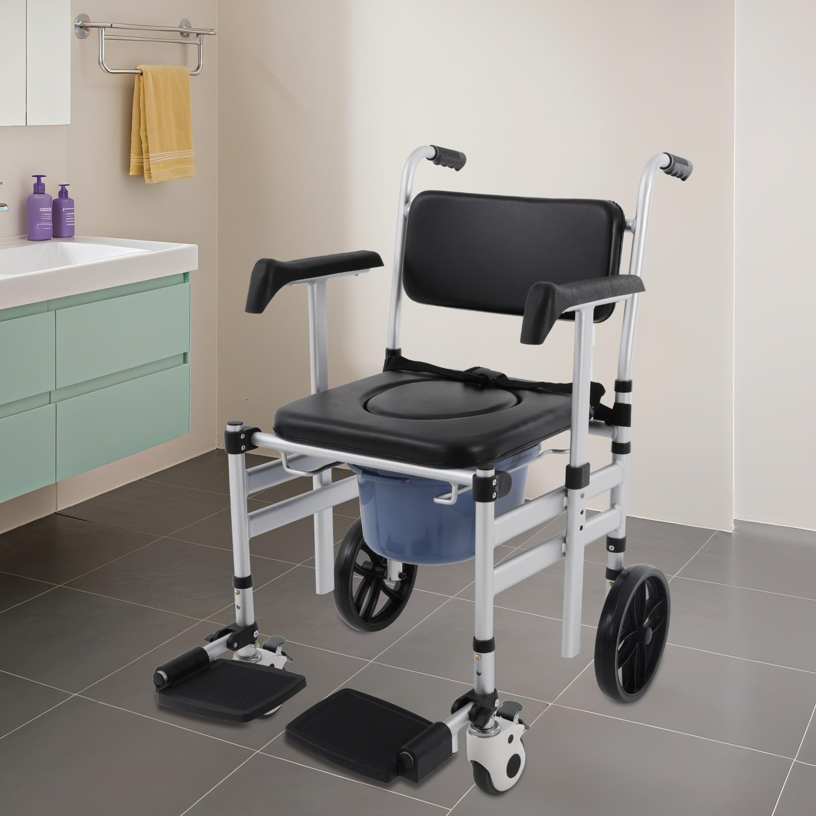 Silla de baño plegable con ruedas,Silla de aseo de aluminio ajustable en altura,Silla de inodoro móvil para personas mayores,Capacidad de carga de 150 kg