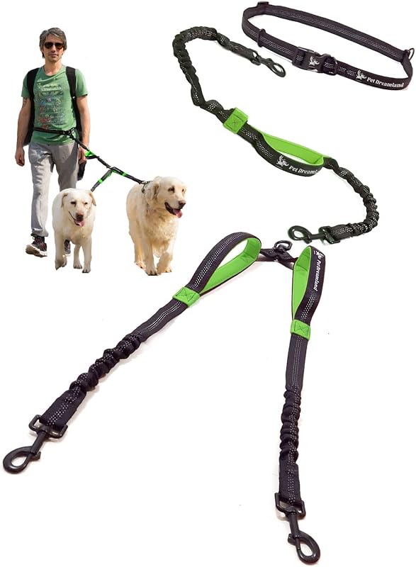 Guia Dupla para Dois Cães Grandes Pet Dreamland com Cintura Ajustável e Design Antiemaranhado Preta e Verde