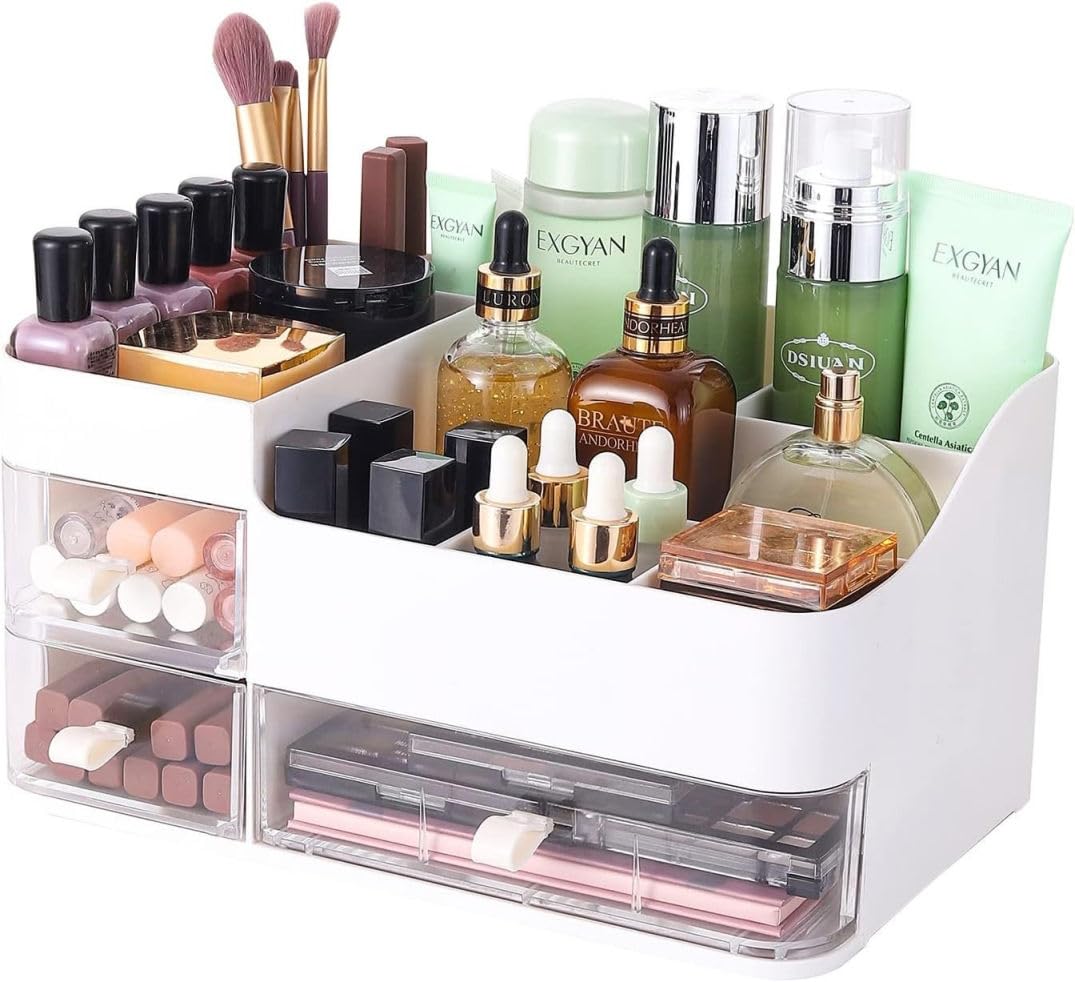 Makeup Organizer, Cosmetic Storage Box with Multi-Compartment Drawer for Bathroom, Desk Countertop, Bedroom Dresser, Display Case for Lipsticks, Jewelry, Skincare, Brushes, Vanity Box