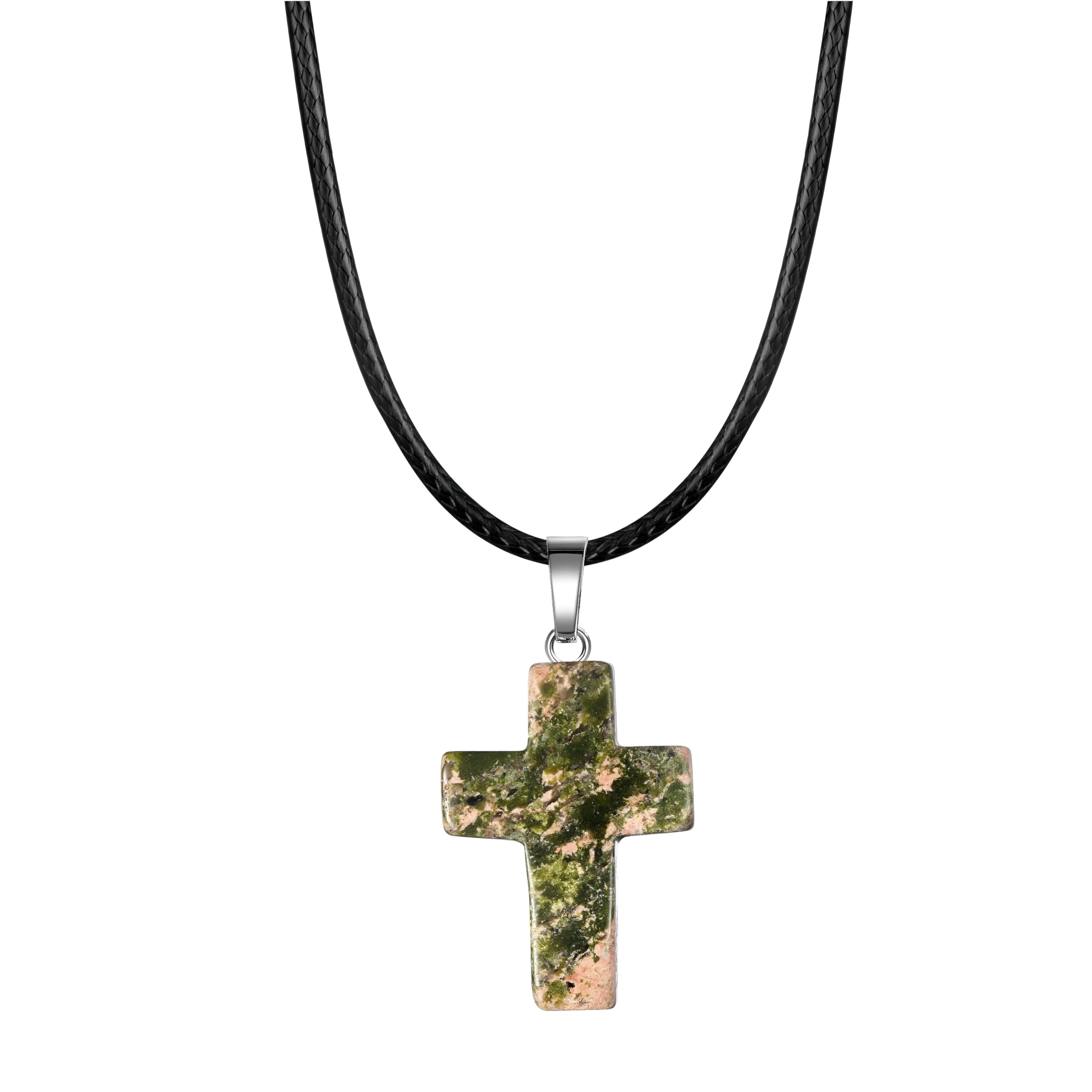 Girls Accessories Collana con Piccola Croce da Donna in Argento Sterling 925, Collana con Ciondolo Croce in Pietra Naturale da Donna Uomo da 18 Pollici con Cordoncino in Pelle Nera e Cristallo