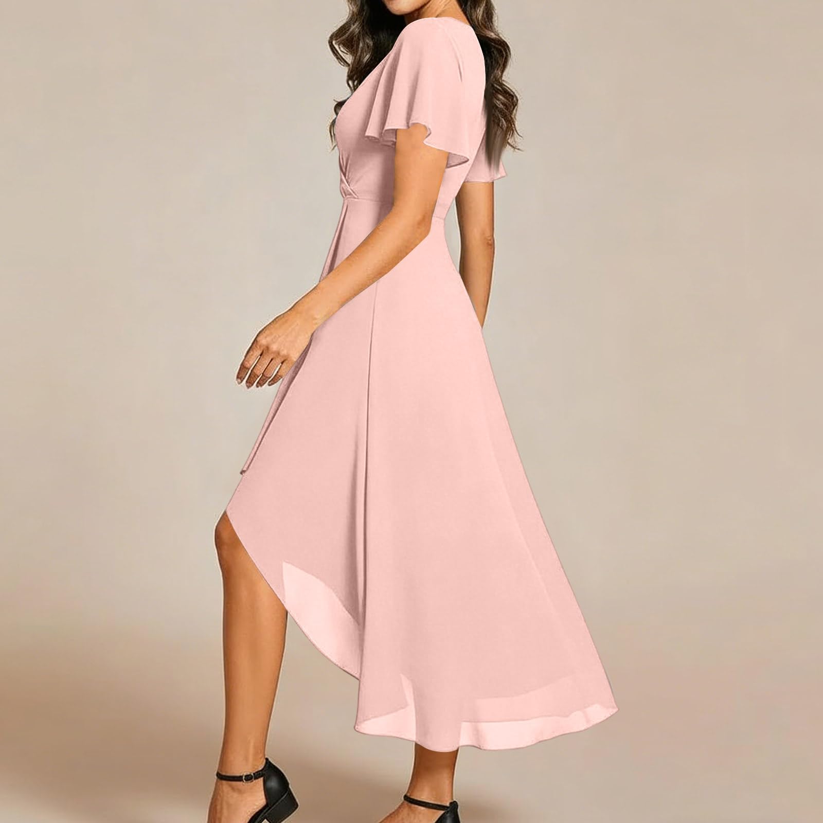 Generisch Damen Abendkleider V Ausschnitt Rüschenärmel Chiffonkleid Knielanges Abendkleid Hochzeit Sgastkleid Elegant für Hochzeit High Low Festliche Kleider Vokuhila Brautjungfernkleid