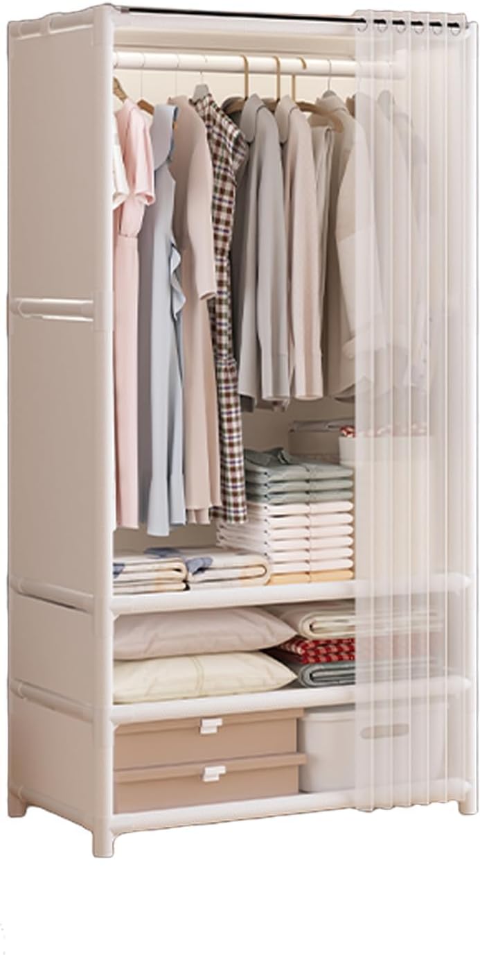 Portable Closet,Wardrobe,Heavy Duty Clothes Rack with Cover,Japanese Style Garment Rack with 1 Hanging Rods,2 Storage Shelves,27.5\" L x 17.7\" W x 65.1\" H,White White 27.5\" L INCOMPLETE