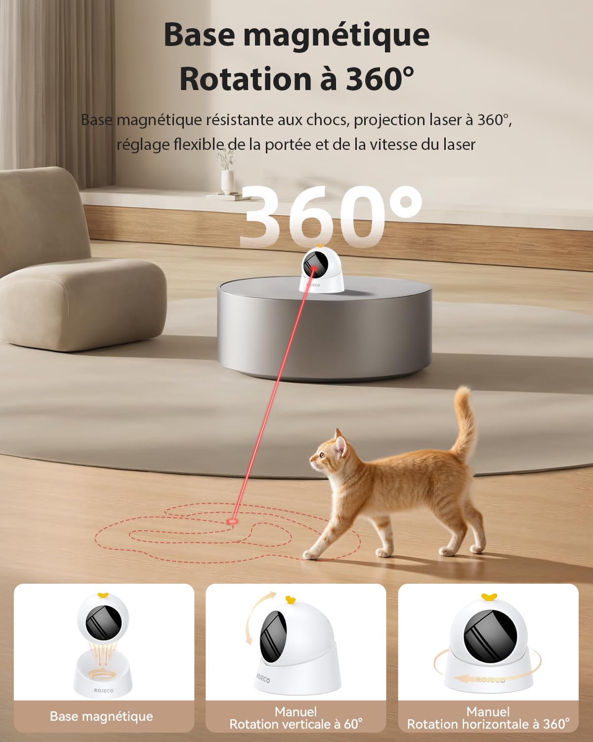 Jouet pour Chat,Jouet Chat interactif avec Batterie 1000mAh,Base magnétique à 360°,Suivi de Mouvement aléatoire, Veille Automatique et 3 Modes de Vitesse,Jouet interactif pour Intérieure Chat Chatons