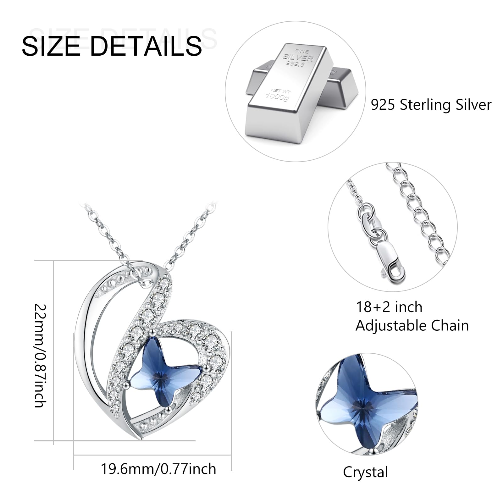 TANGPOET Cadena Collar de mariposa de plata de ley 925 con colgante de mariposa de cristal, joyería de cumpleaños para mujeres y niñas, Plata esterlina