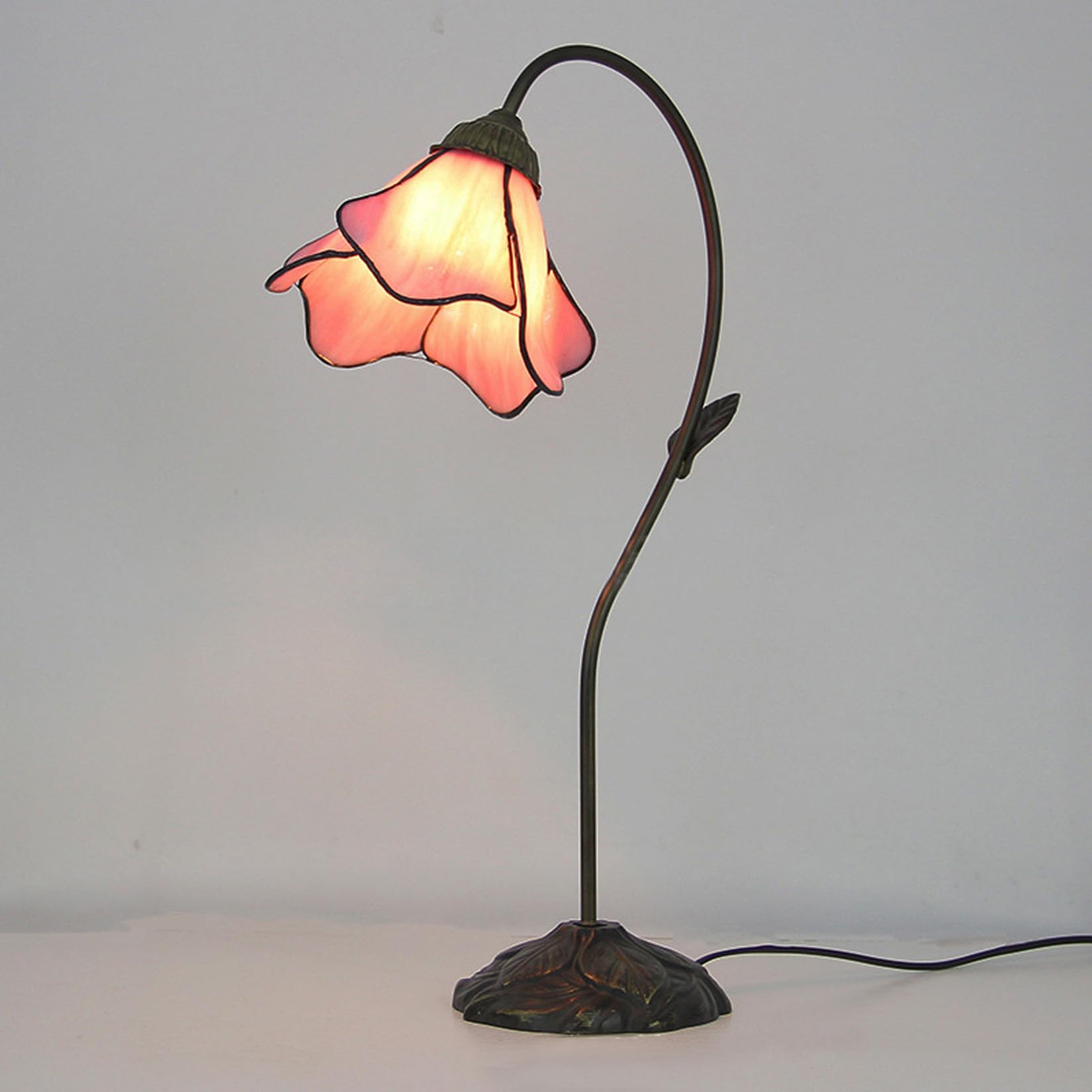 BOTOWI Blumen-Tischlampe im Tiffany-Stil Schwanenhals-Schreibtischleuchten aus Buntglas Vintage mediterrane Leselampen für Kinderzimmer, Wohnzimmer, Café, Bar, B 6,69 Zoll × H 23,62 Zoll,Rosa