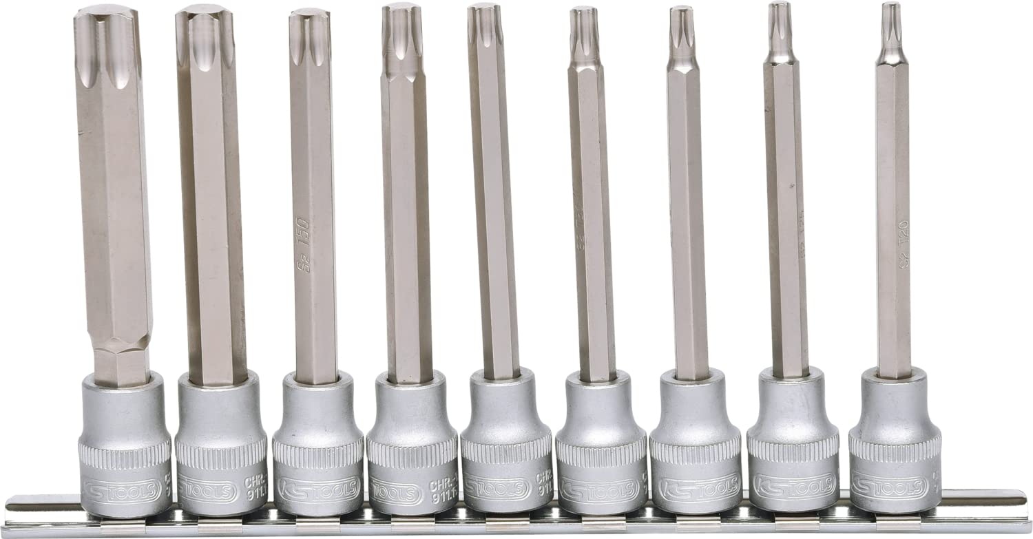 KS Tools 911.1550 Serie di Bussole per Viti TX, Lunghe, 9 Pezzi, T20-T60, 3/8"