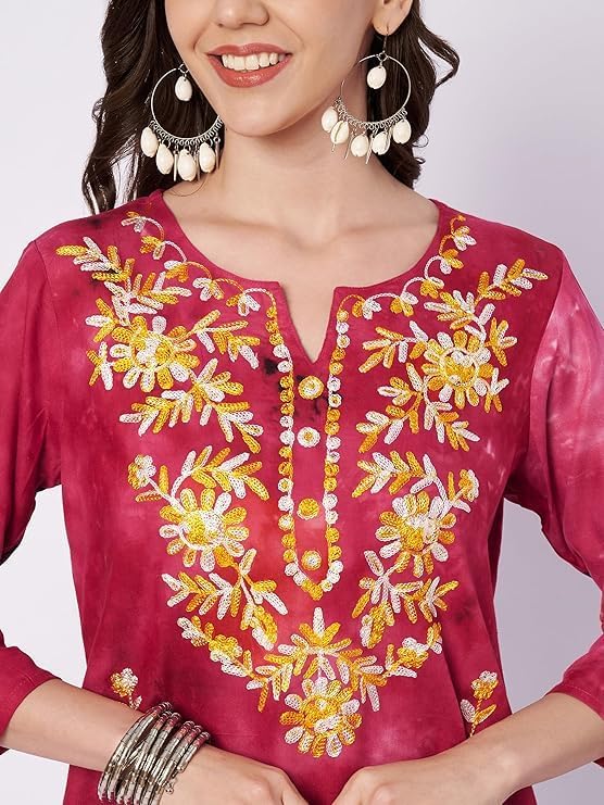 Embroidered Short Kurti for Women on Jeans, V-Neck, 3/4 Sleeve, Floral Design, Kashmiri Tunic Top - Image 2