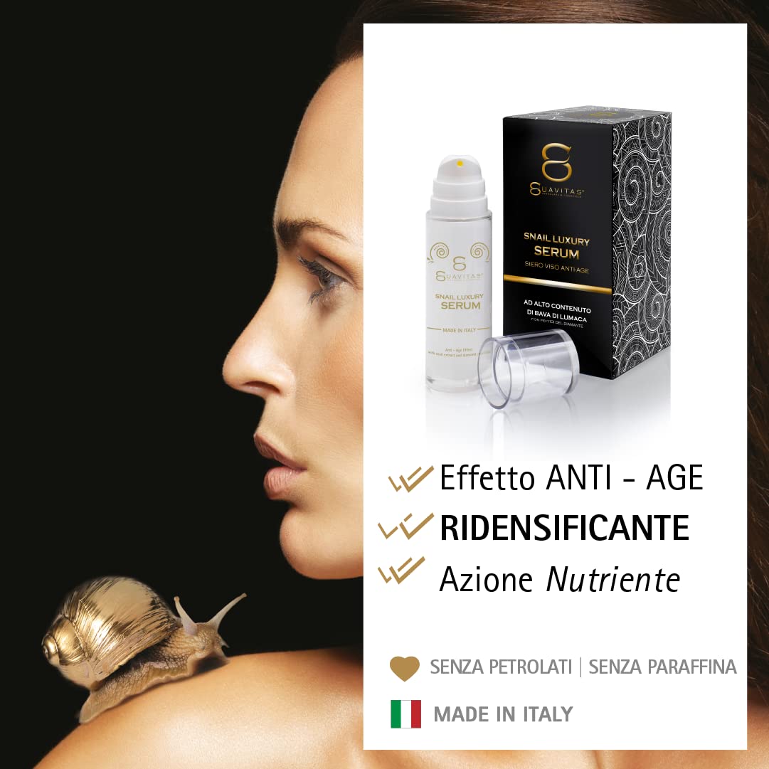 Suavitas | Snail Luxury Serum - Siro viso Bava di Lumaca - 30 ml - Siero anti-age e rimpolpante - A base di Bava di Lumaca, Peptidi del Siero di Vipera, Acido Ialuronico, Arginina
