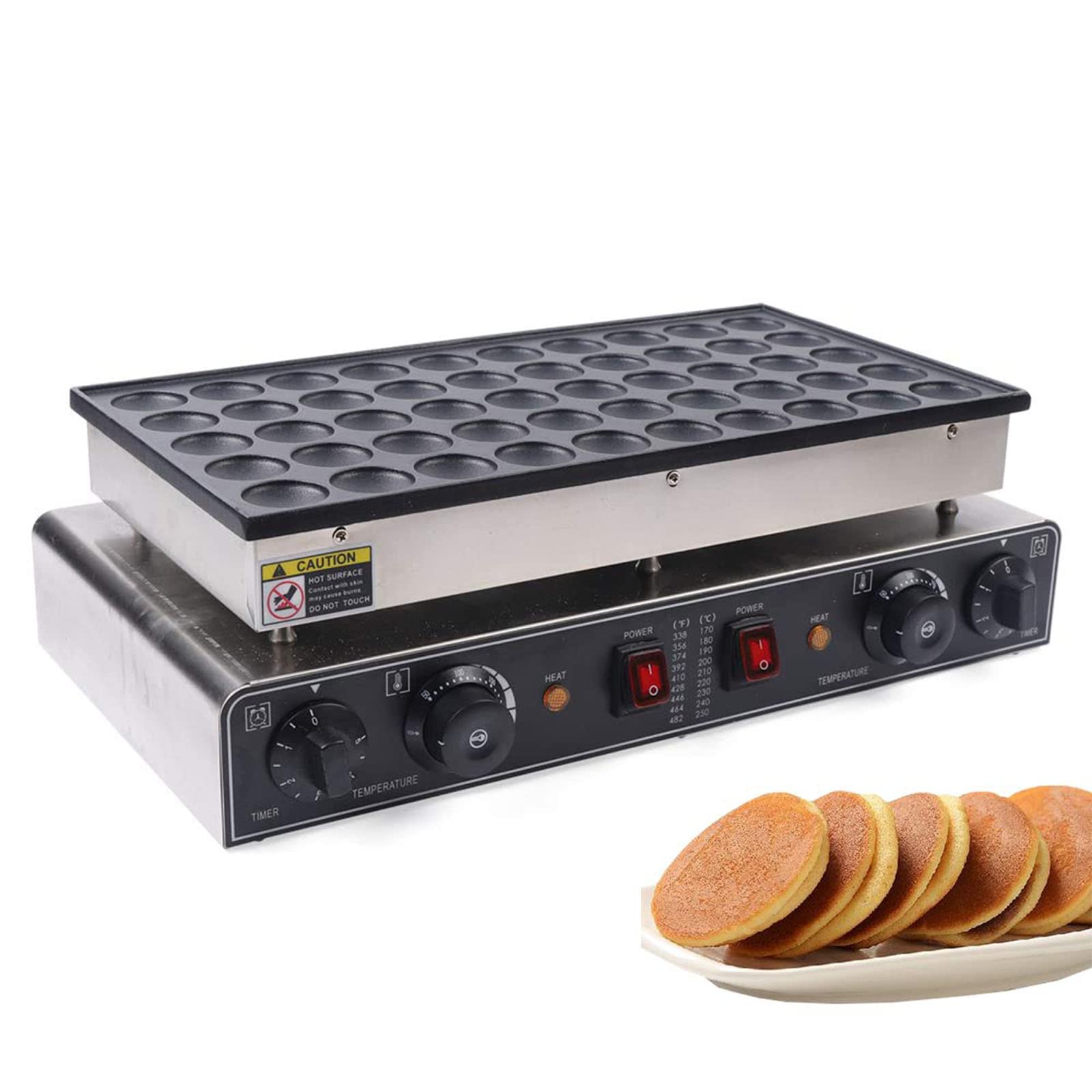 Pancake Maker a 50 fori, macchina per waffle elettrica antiaderente a riscaldamento rapido da 1700 W con timer, macchina per pancake olandese commerciale con manopola di controllo della temperatura