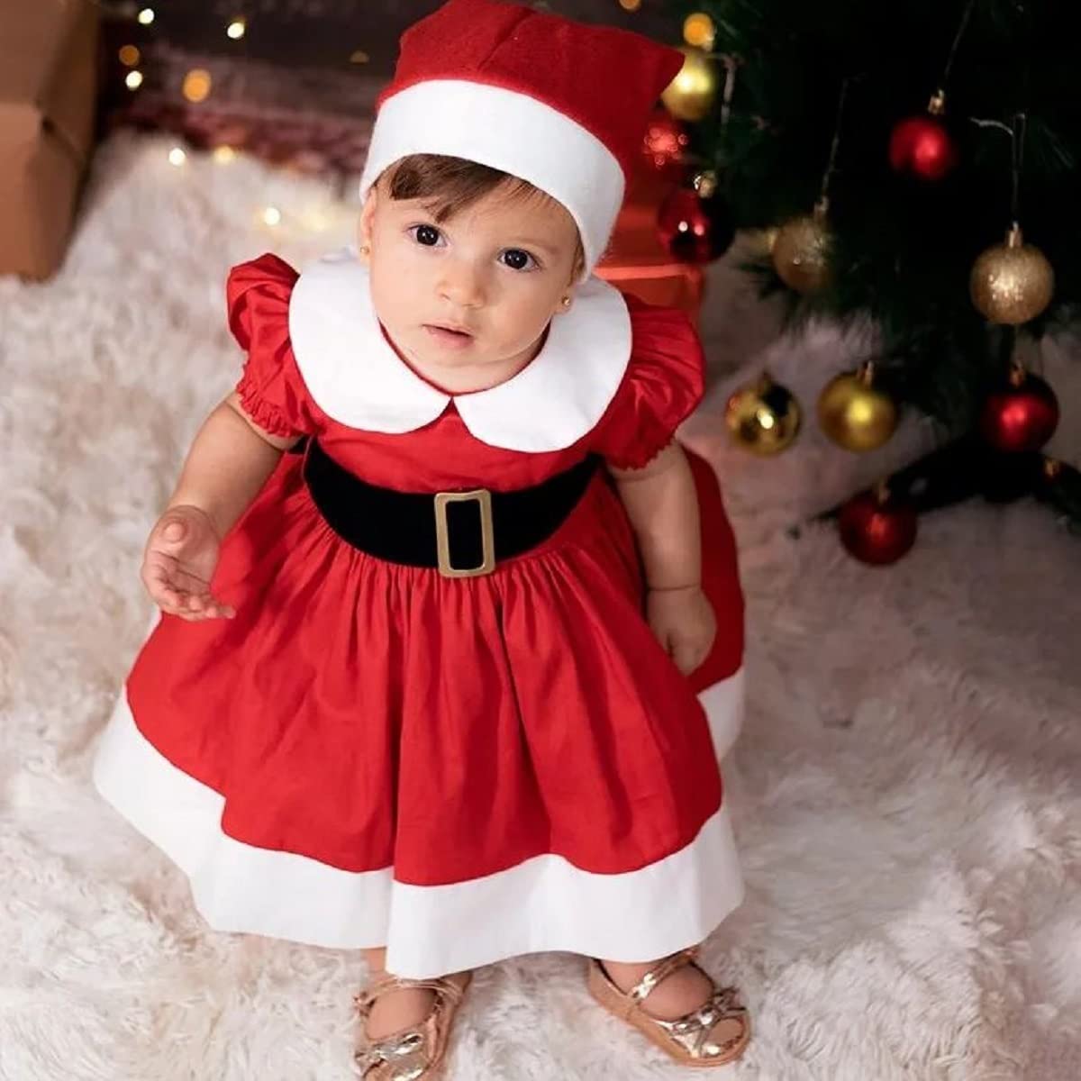 OikMombiu Kids Toddler Baby Girl Christmas Dress Red Velvet Santa Dress Holiday Party Princess Dresses Fall Winter Clothes Outfit(Peter Pan Collar Dress, 6-12 Months)