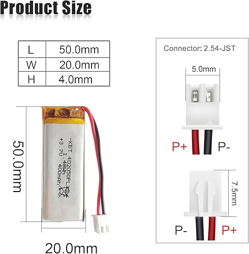 Miniatura 2 de Batería de polímero de litio KBT 3.7V 400mAh 402050 Baterías de repuesto de iones de litio recargables Lipo con conector JST