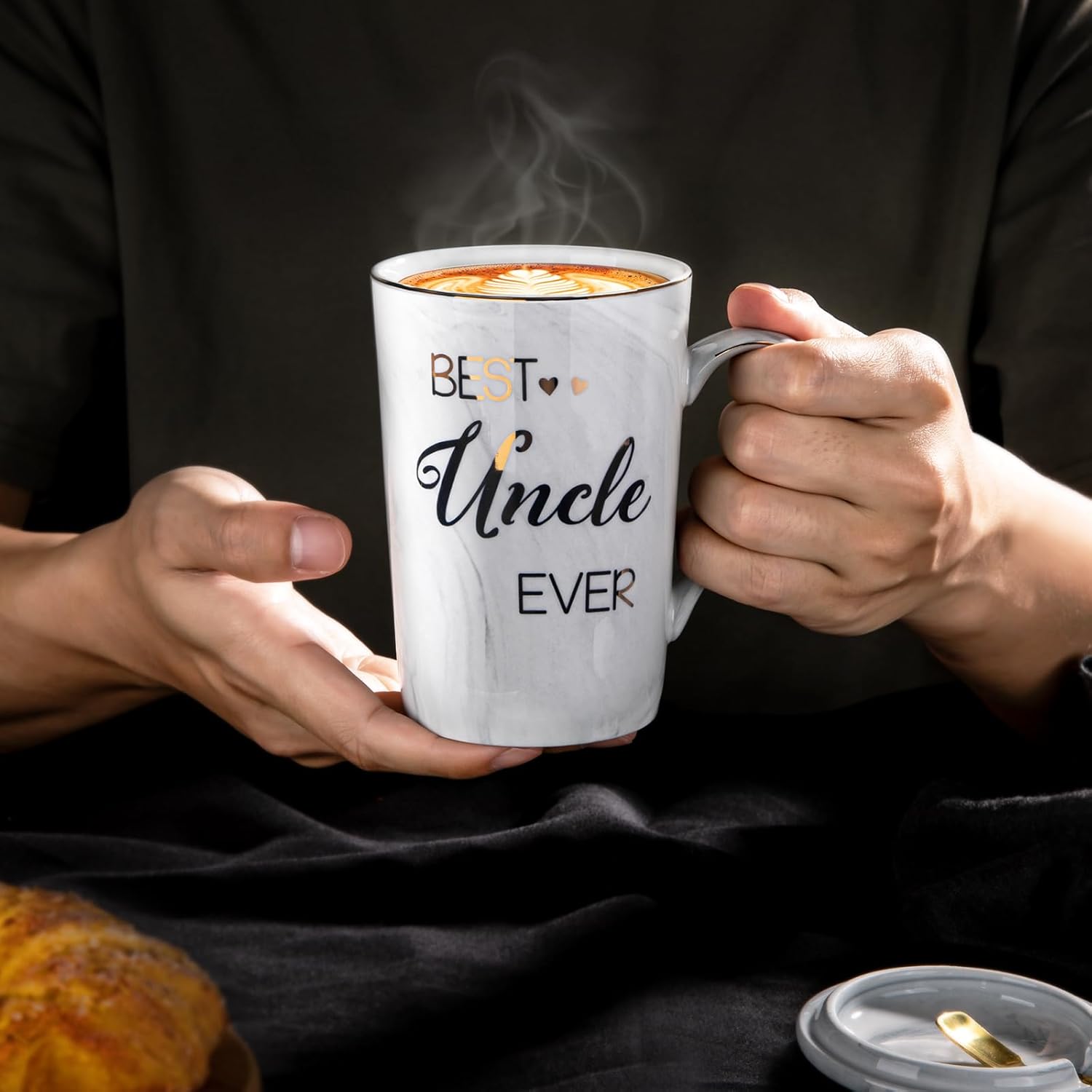 Best Uncle Birthday Gifts from Nephew Niece, Uncles Valentines Gift, Fathers Day Announcement Presents - 14oz Grey Marble Ceramic Gold Print Uncle Mug, with Lid, Spoon, Greeting Card, Nice Gift Boxed - Image 4