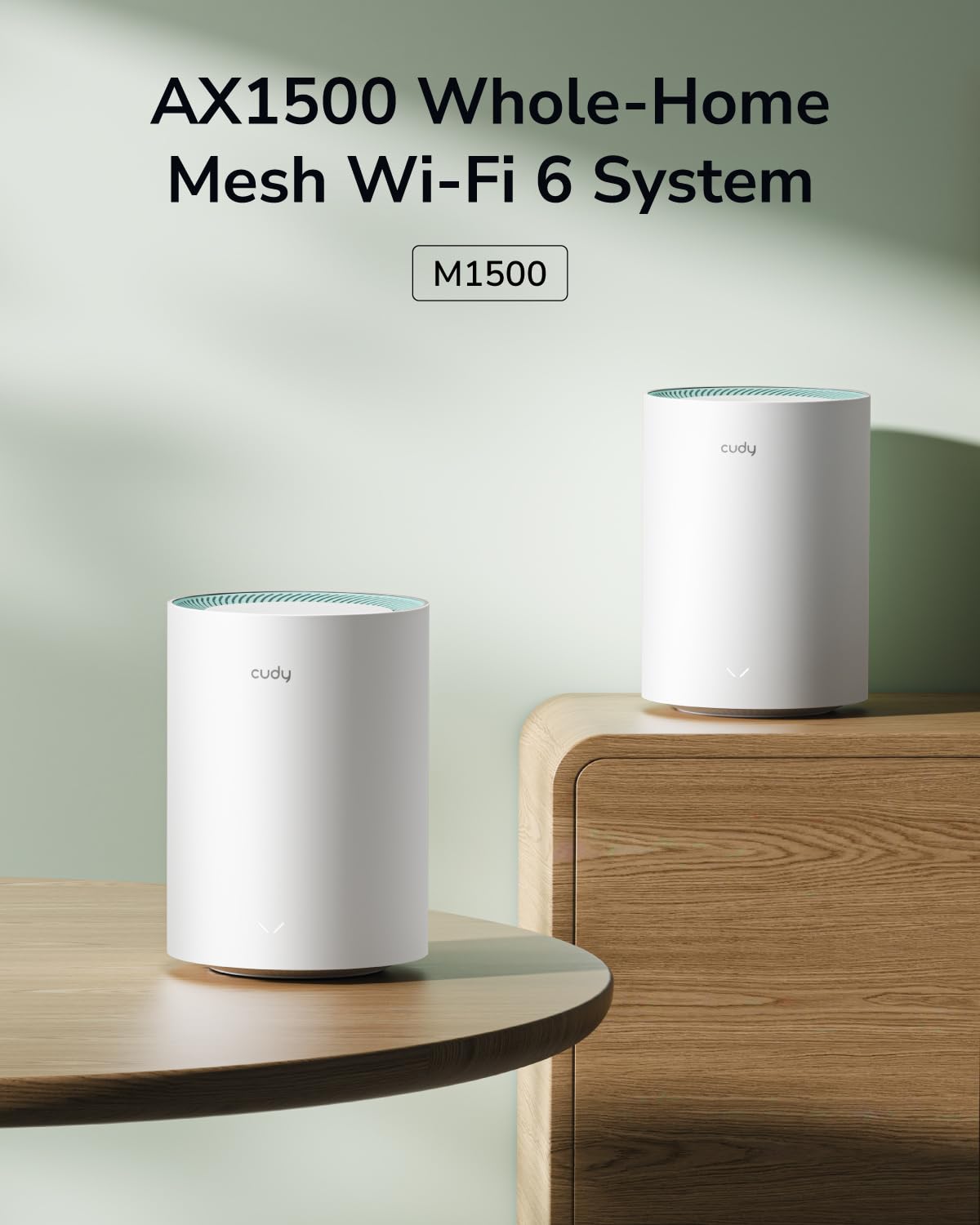 Sistema Wi-Fi mesh Cudy Dual Band AX1500 WiFi 6, sostituisce router ed estensori, copre fino a 230 m², 3 porte Gigabit per unità, supporta backhaul Ethernet, confezione da 3 M1500