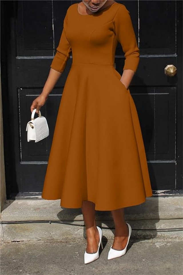 brown midi dress amazon Womens Brown Lace Long Sleeve Bell Cuff Maxi Dress main image 1