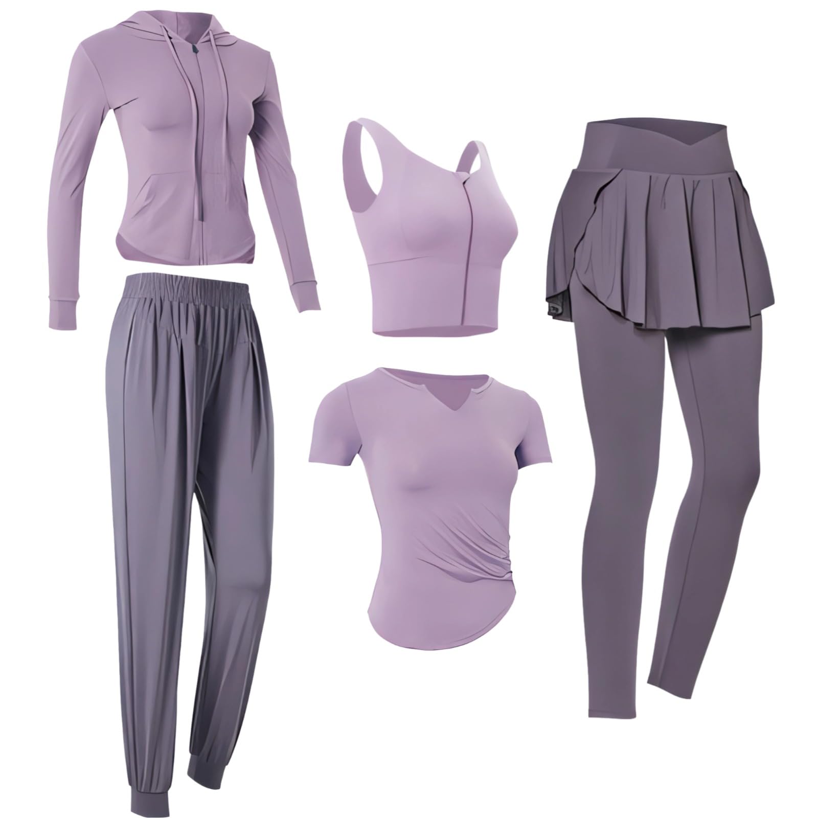 Conjunto de 5 piezas de ropa deportiva para mujer para yoga y entrenamiento, incluye chaqueta de manga larga, parte superior, pantalones, falda y brasier, tela transpirable que absorbe la humedad