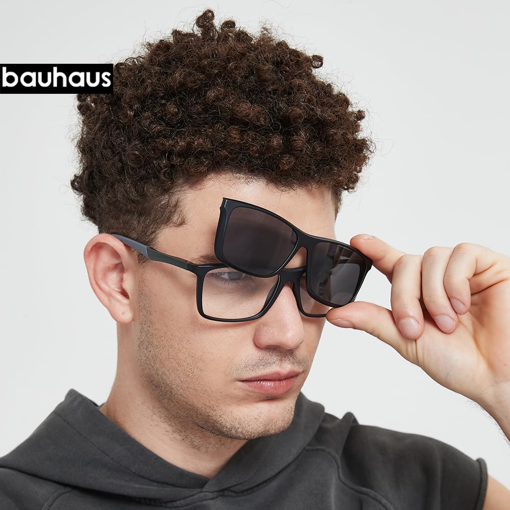 Bauhaus Magnetic Clip on Sunglasses for Men & Women Polarized UV Protection Retro Square Eyeglasses Fit Over Night Driving - Image 2