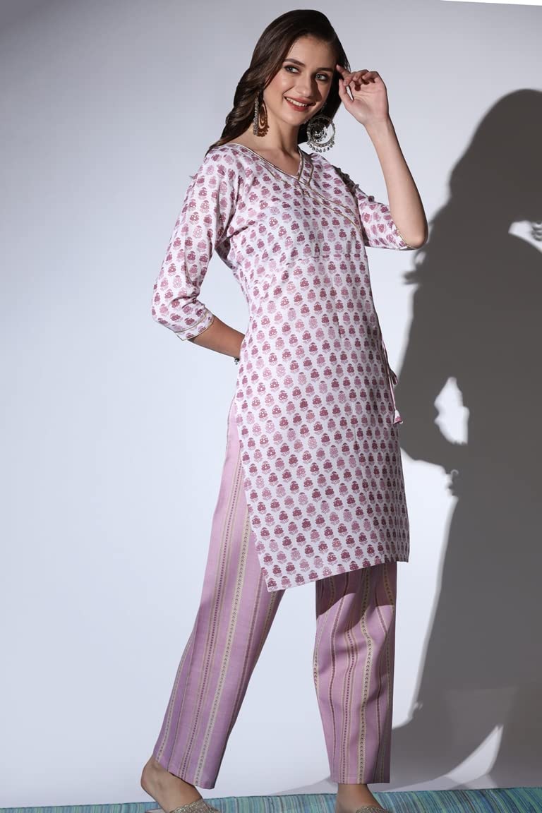 Om Sai Latest Creation Kurta For Women || Cotton Fully Stitched All Over Temple Gota Printed Straight Angrakha Style Kurta For Girls || 'V' Neck Printed Kurtas For Women. (Large, Purple)
