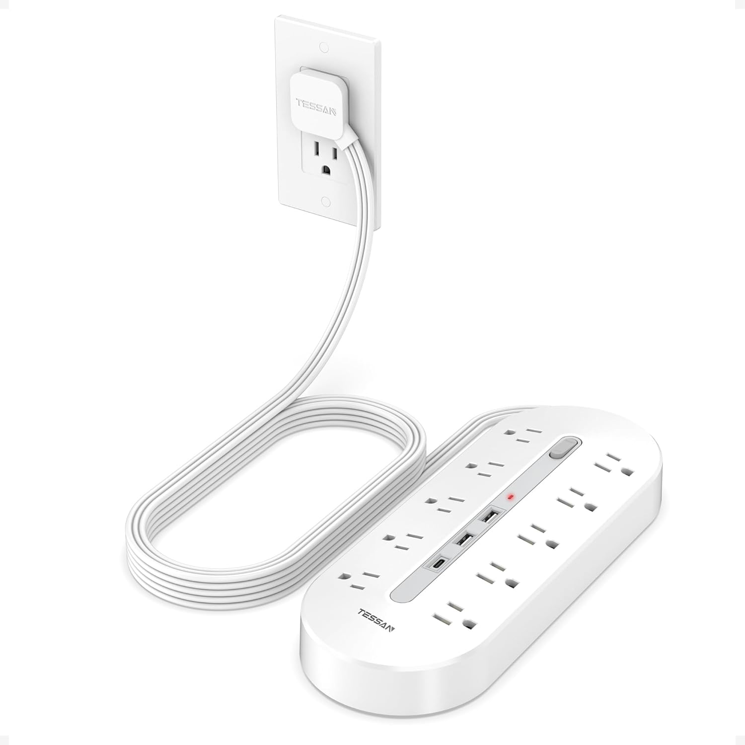 TESSAN Surge Protector Power Strip 10 Ft Extension Cord, 10 AC Outlet Extender with 3 USB (1 USB C), Flat Extension Cord with Multiple Outlets, Flat Plug Power Strip for Home, Office, Dorm Essentials