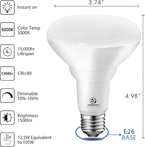Miniatura 10 de Energetic - Bombillas LED empotrables BR30, equivalente a 105 W, 1500 LM, regulables, luz diurna 5000 K, luces de inundación interiores para latas