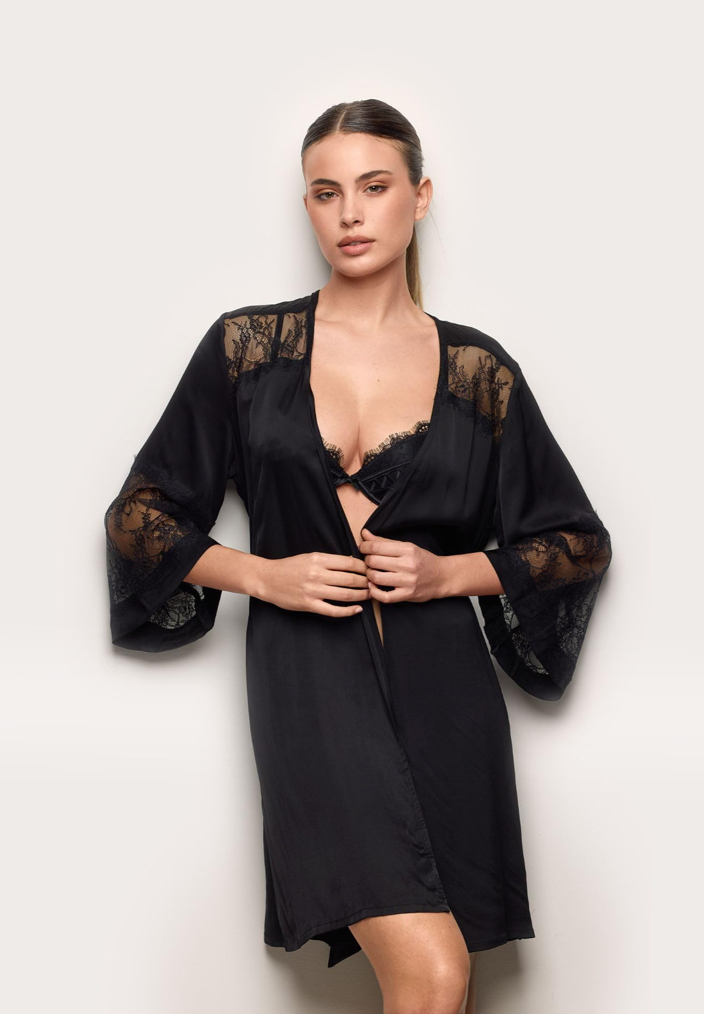 YAMAMAY, Kimono in Raso e Pizzo, Desire, Nero, Donna