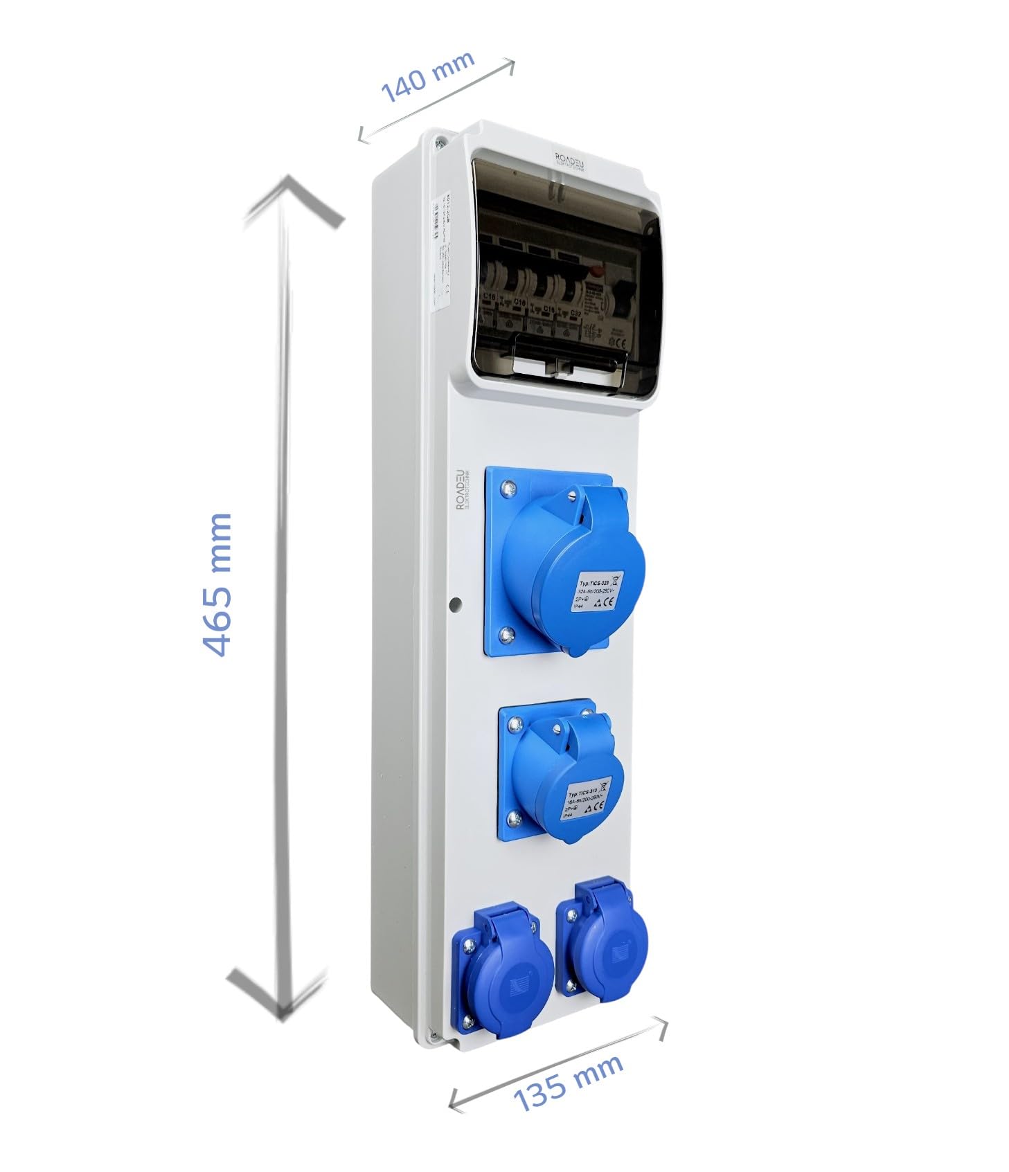 RoadEu Quadro elettrico 230V IP44 con differenziale 40A 30mA e magnetotermici | 1 presa CEE 32A, 1 CEE 16A 3P e 2 Schuko | quadro da parete precablato