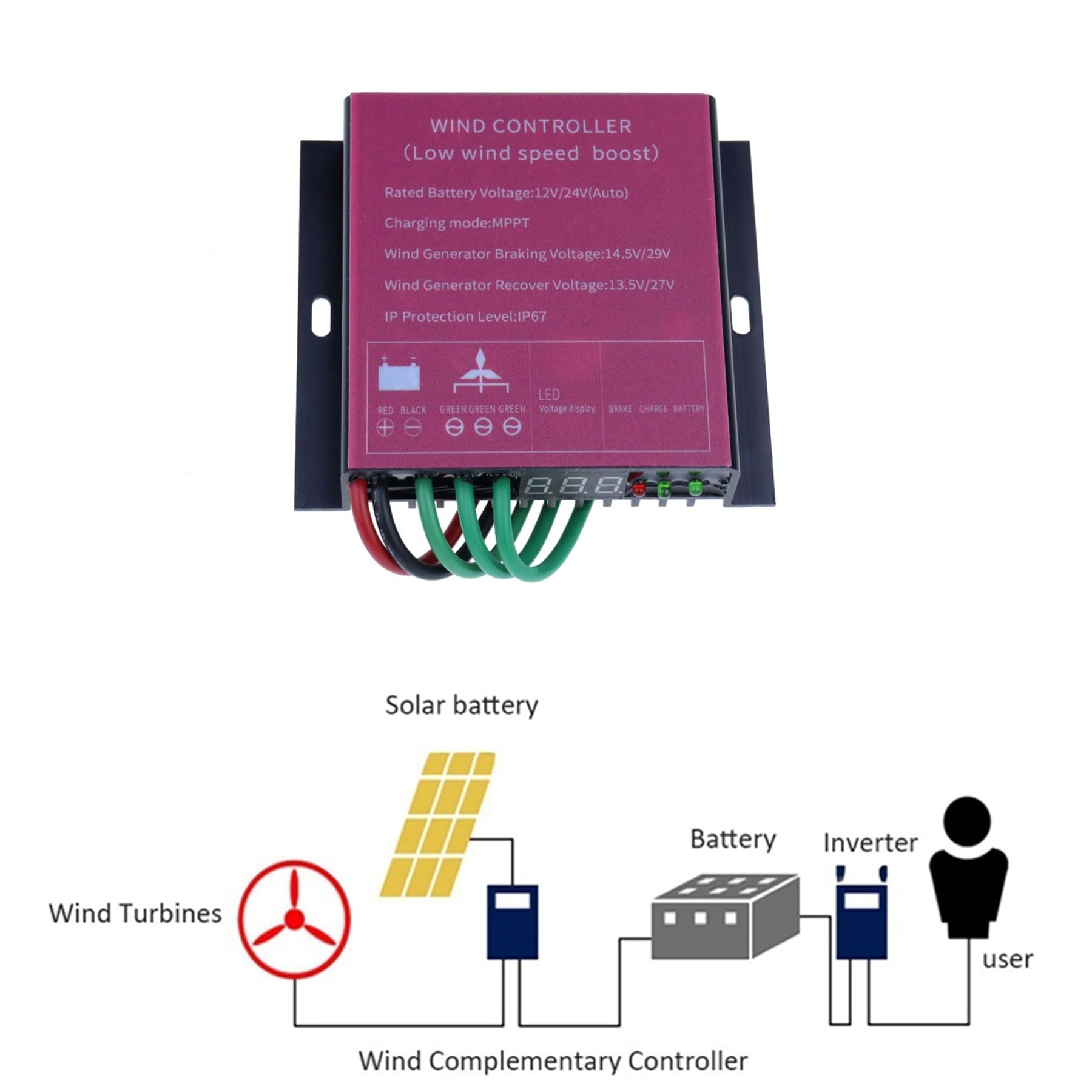 12000W DC 12V 24V 48V Windturbinen-Generator-Ladecontroller, IP67 wasserdichter Batterieladecontroller-Regler für kleine Windgeneratoren,12V